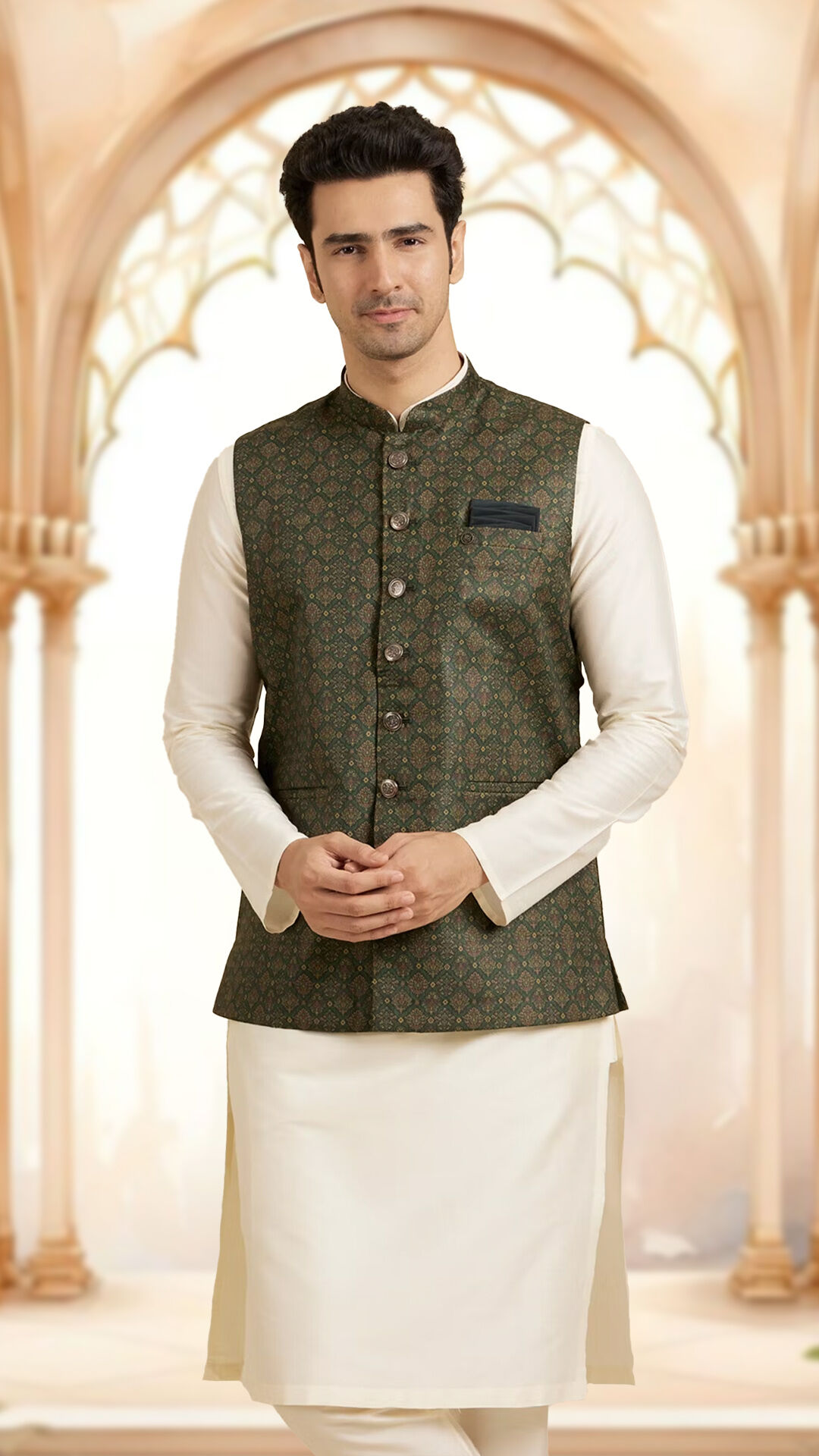 Man wearing a white kurta pajama with printed green jacket 